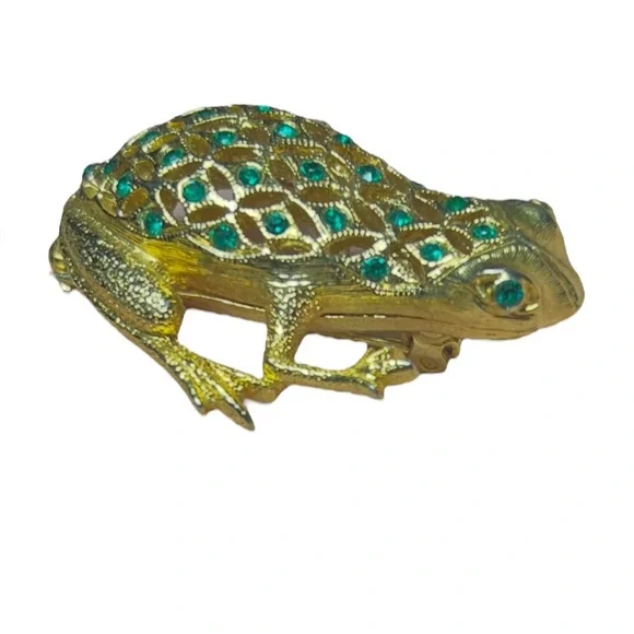 Vintage Gold Tone Frog Brooch with Emerald Green Accents - Picture 4 of 6